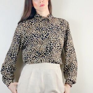 Vintage Silk Leopard Print Blouse - Beige and Black